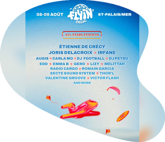 Affiche du Flyin’ Festival à Saint-Palais-sur-Mer présentant la programmation de l’édition All-Stars et les artistes invités.